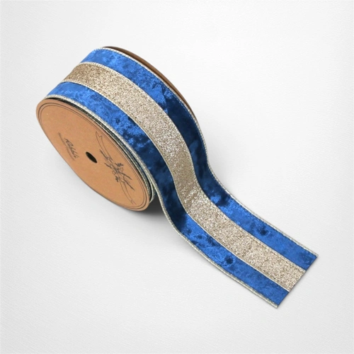 Blue & Champagne Velvet Wire Edged Ribbon