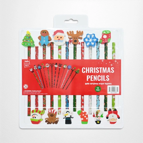 12pc Christmas Pencil / Erasers Set
