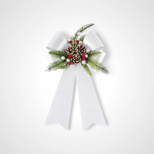 Metallic White Bow w/Pinecone - Avail October 2025
