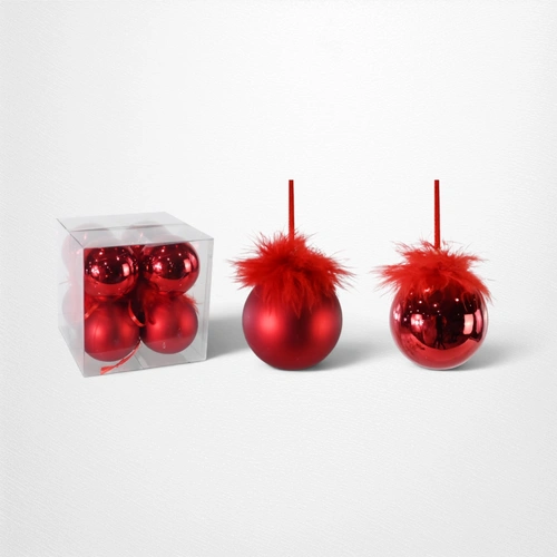 Red Fur Topped Baubles - 6cm - Pack of 8