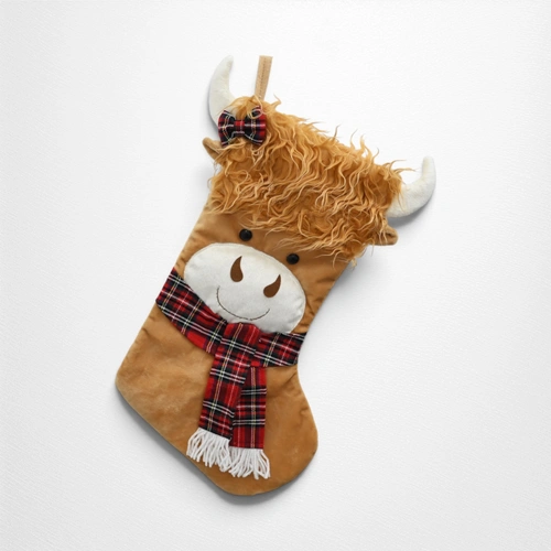 Highland Cow Stocking w/Tartan Scarf - 53cm