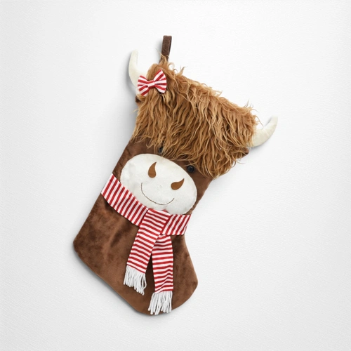 Highland Cow Stocking w/Red & White Scarf - 53cm
