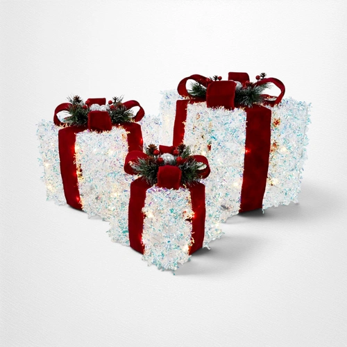 LED Iridescent w/Burgundy Bow Present Set