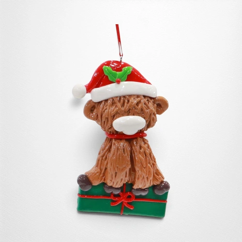 Hanging Shaggy Highland Cow - Santa Hat