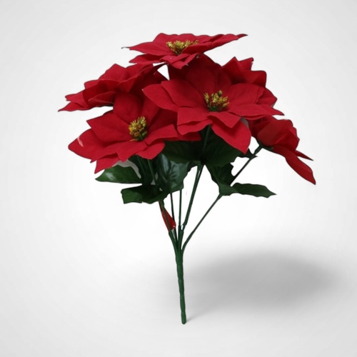 Red Poinsettia Bunch Flocked 7 Head