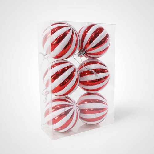 60mm 6pk Candy Cane Ribbed Baubles - AVAIL OCT 2024