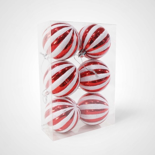 Candy Cane Ribbed Baubles - 6cm - Pack of 6