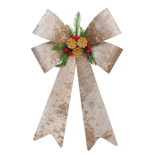 Crushed Velvet Bow Gold Pine Deco Taupe - AVAIL OCT 2024