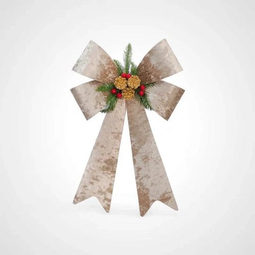 Crushed Velvet Taupe Bow Gold Pine Deco  