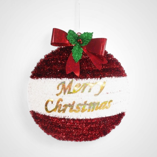 Tinsel Bauble Plaque with Bow Red/White  -AVAIL OCT 2024