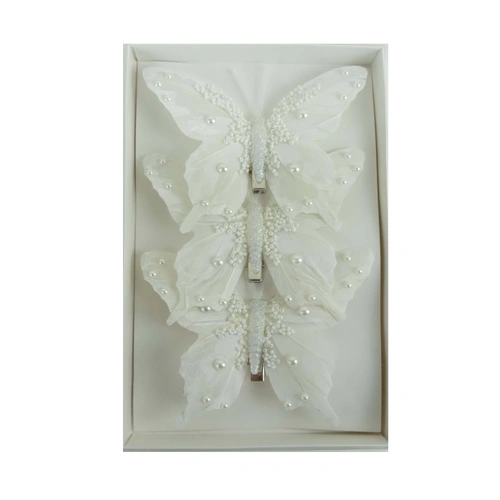 3 White Pearl Christmas Tree Butterfly Decoration
