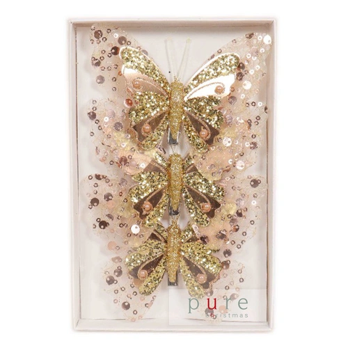 3 Gold Christmas Tree Butterfly Decoration