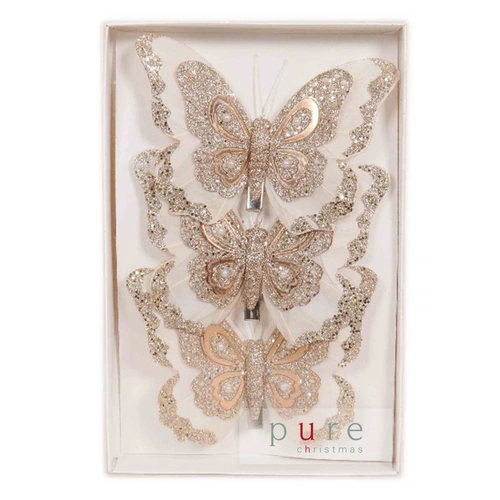 3 Cream Champagne Christmas Tree Butterfly Decoration