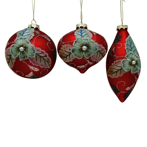 Red Glass Petal Floral Baubles - 3 assorted