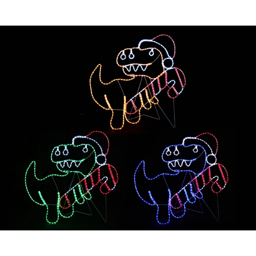 T-Rex with Candy Cane Rope Light Motif - 3 assorted colours