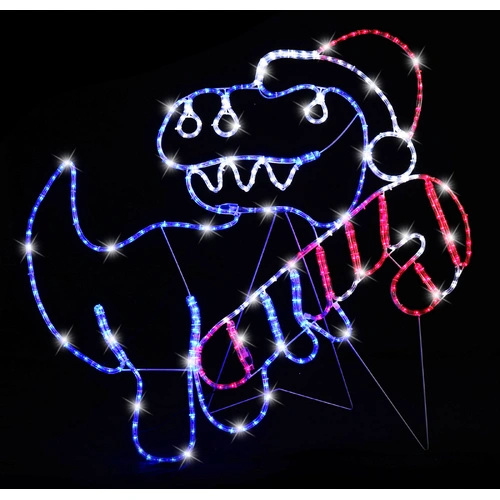 Blue T-Rex with Candy Cane Rope Light Motif