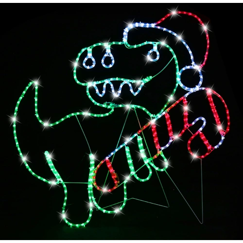 Green T-Rex with Candy Cane Rope Light Motif 