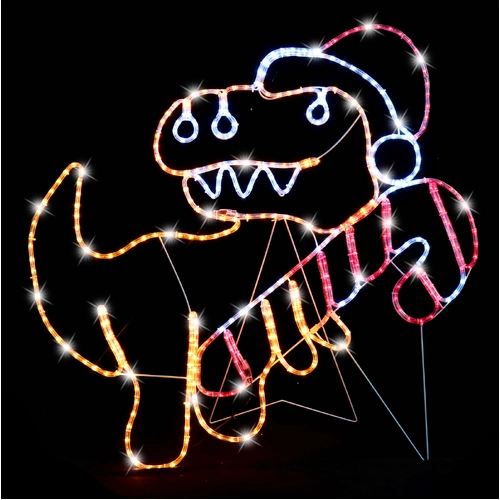 Yellow T-Rex with Candy Cane Rope Light Motif