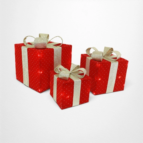 Red & Gold LED Velveteen Studded Present Set