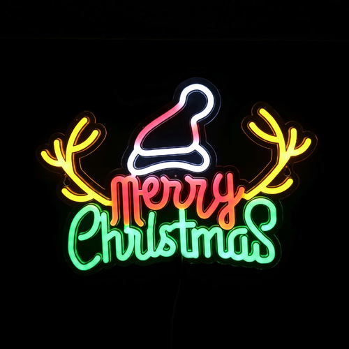 Neon Red/White/Green Merry Christmas with Antlers Motif