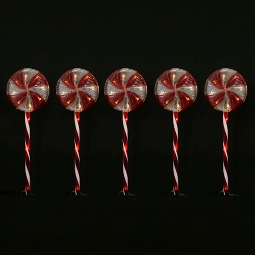 5 Solar Lollipop Path Lights - red and white