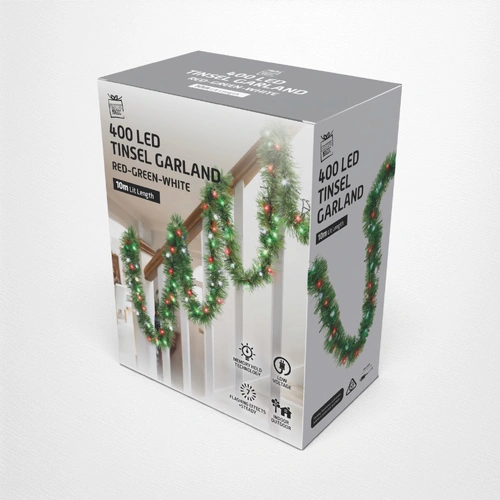 Red/Green =White Pre-Lit Tinsel Garland 10m