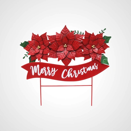 Metal Poinsettia Merry Christmas Yard Sign - PREORDER