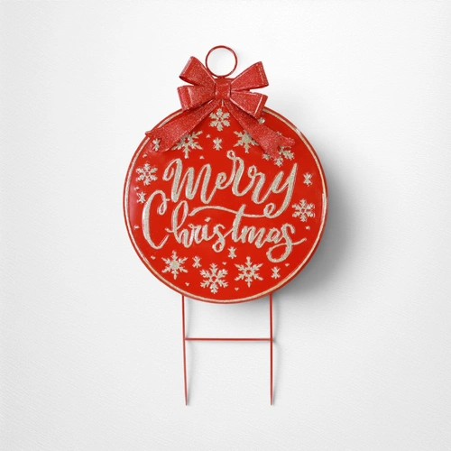 Metal Deluxe Bauble Sign on Stand w/Bow - A