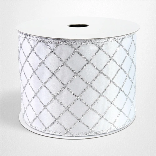 White Glitter Trellis Ribbon - 63mm x 2.7m
