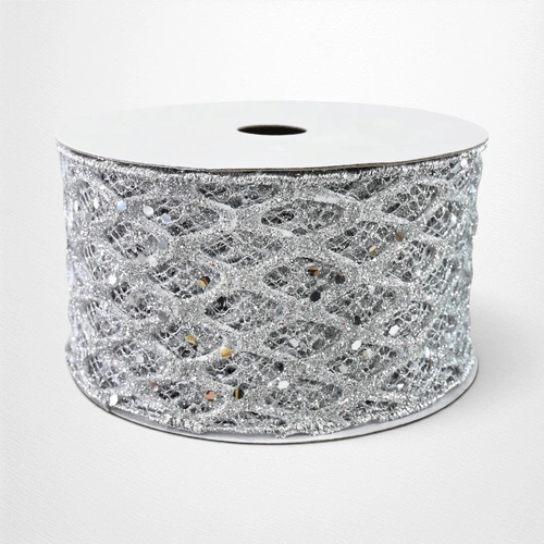 Silver Glitter Mesh Ribbon - 63mm x 5m